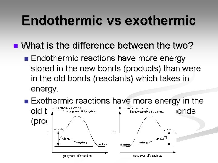 Endothermic vs exothermic n What is the difference between the two? Endothermic reactions have