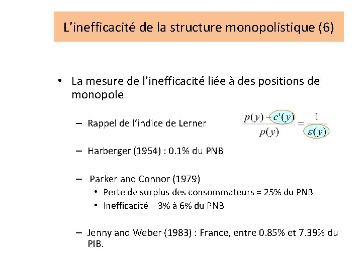 L’inefficacité de la structure monopolistique (6) • La mesure de l’inefficacité liée à des