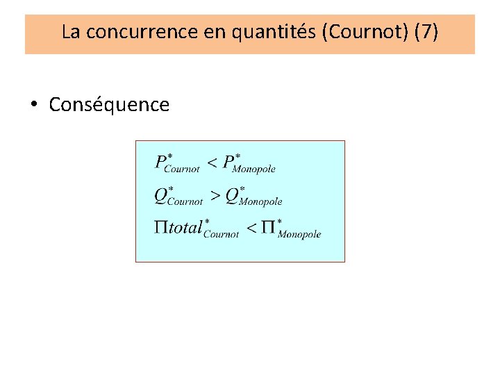 La concurrence en quantités (Cournot) (7) • Conséquence 