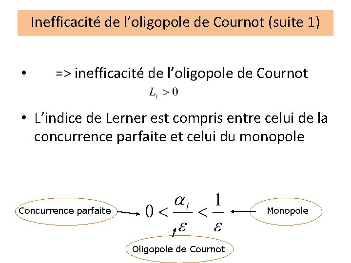 Inefficacité de l’oligopole de Cournot (suite 1) • => inefficacité de l’oligopole de Cournot