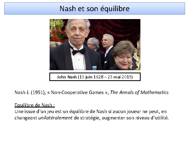 Nash et son équilibre John Nash (13 juin 1928 – 23 mai 2015) Nash