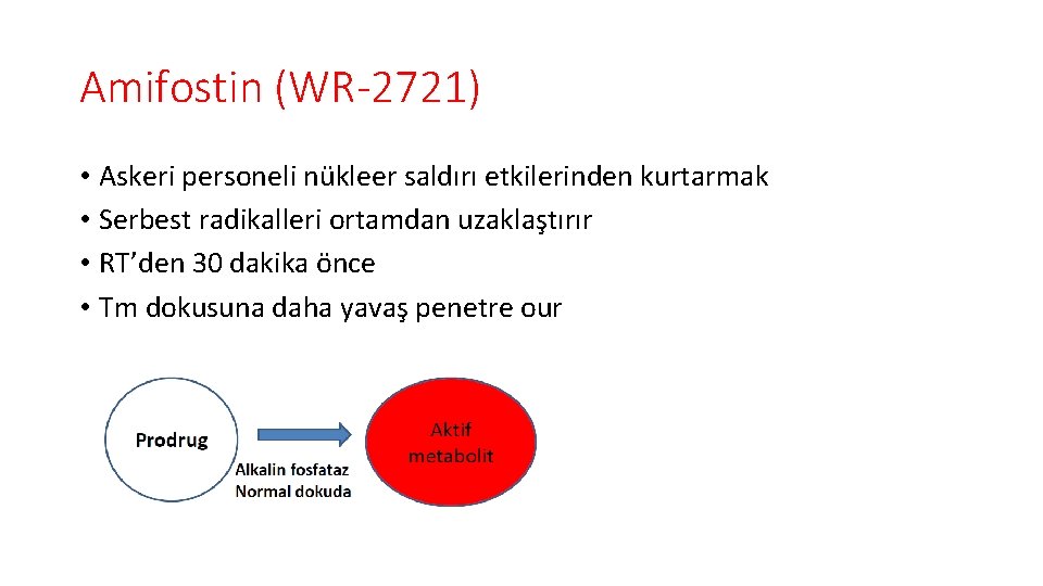Amifostin (WR-2721) • Askeri personeli nükleer saldırı etkilerinden kurtarmak • Serbest radikalleri ortamdan uzaklaştırır