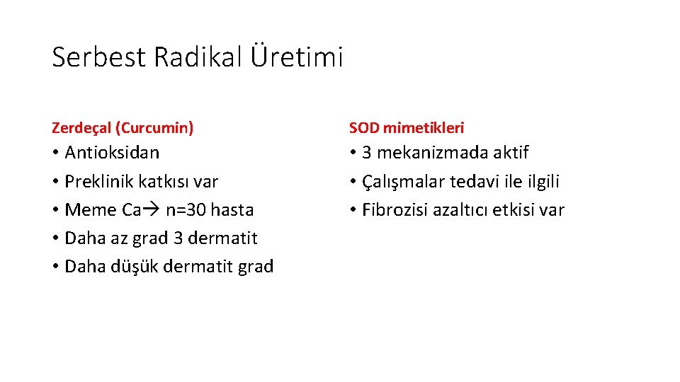 Serbest Radikal Üretimi Zerdeçal (Curcumin) SOD mimetikleri • Antioksidan • Preklinik katkısı var •