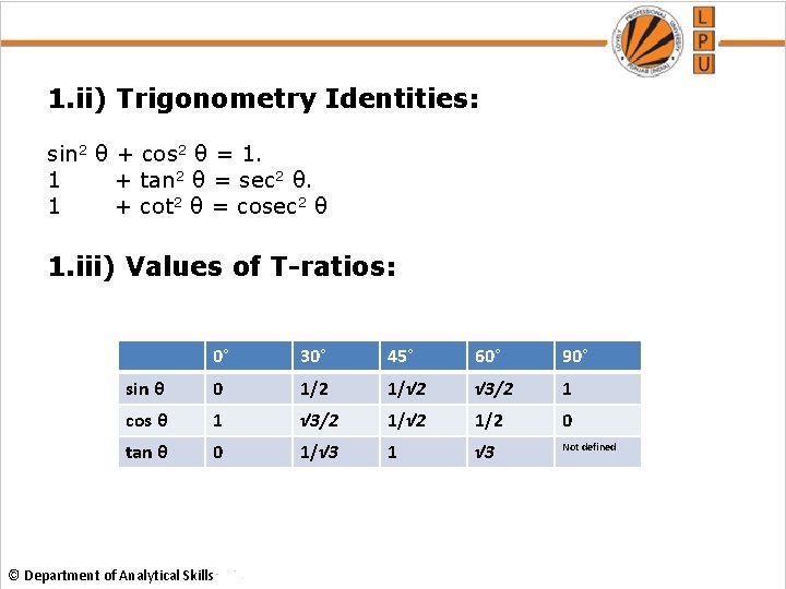 1. ii) Trigonometry Identities: sin 2 θ + cos 2 θ = 1. 1
