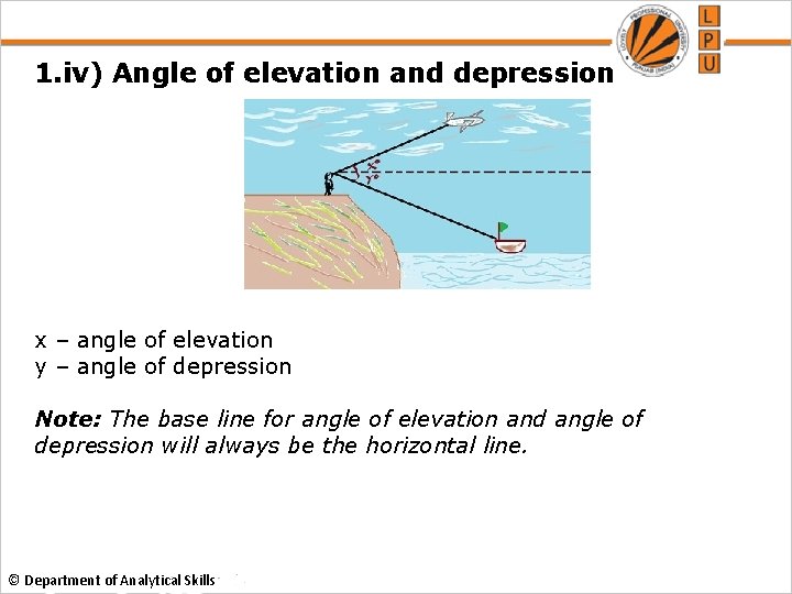 1. iv) Angle of elevation and depression x – angle of elevation y –