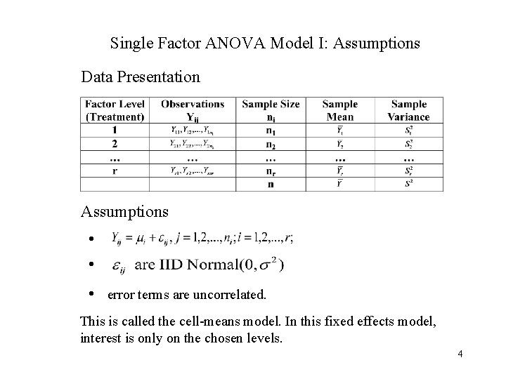 Single Factor ANOVA Model I: Assumptions Data Presentation Assumptions • • • error terms