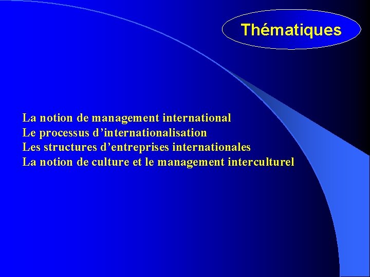 Thématiques La notion de management international Le processus d’internationalisation Les structures d’entreprises internationales La