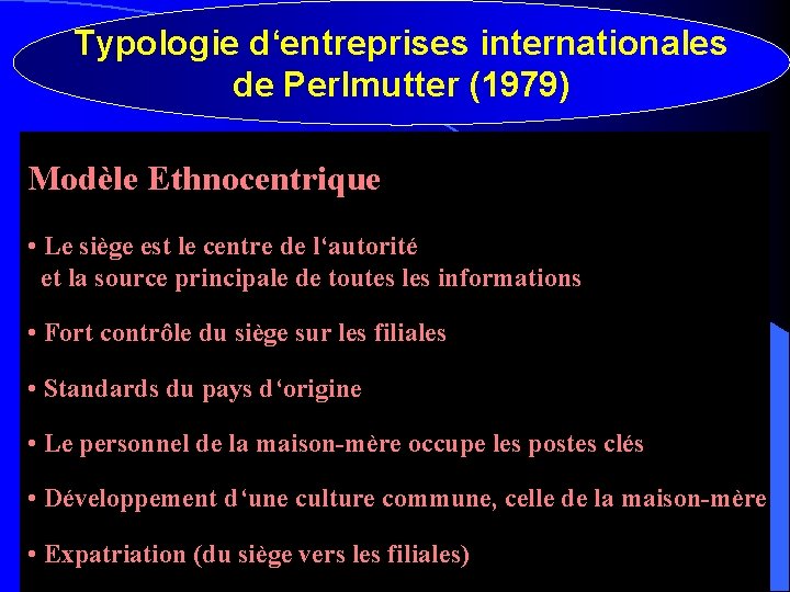 Typologie d‘entreprises internationales de Perlmutter (1979) Modèle Ethnocentrique • Le siège est le centre