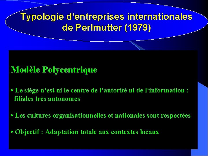 Typologie d‘entreprises internationales de Perlmutter (1979) Modèle Polycentrique • Le siège n‘est ni le