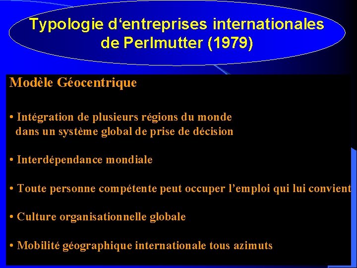 Typologie d‘entreprises internationales de Perlmutter (1979) Modèle Géocentrique • Intégration de plusieurs régions du