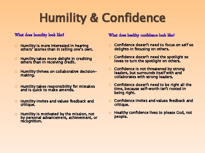 Humility & Confidence What does humility look like? � � � What does healthy