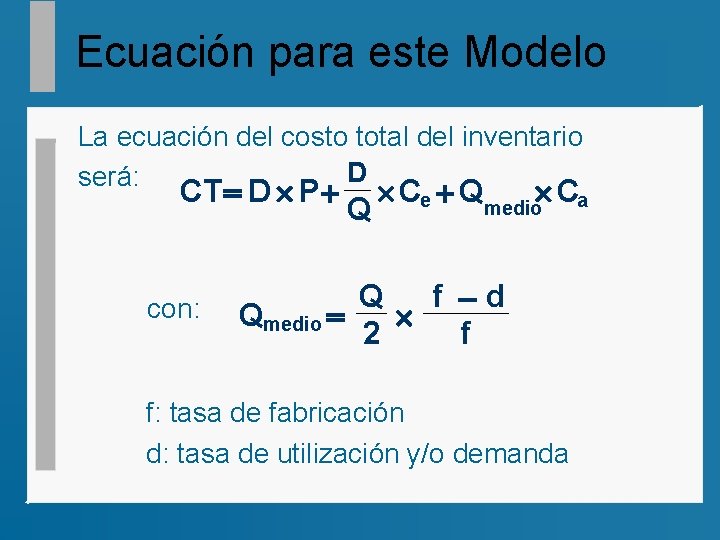 Ecuación para este Modelo La ecuación del costo total del inventario D será: CT
