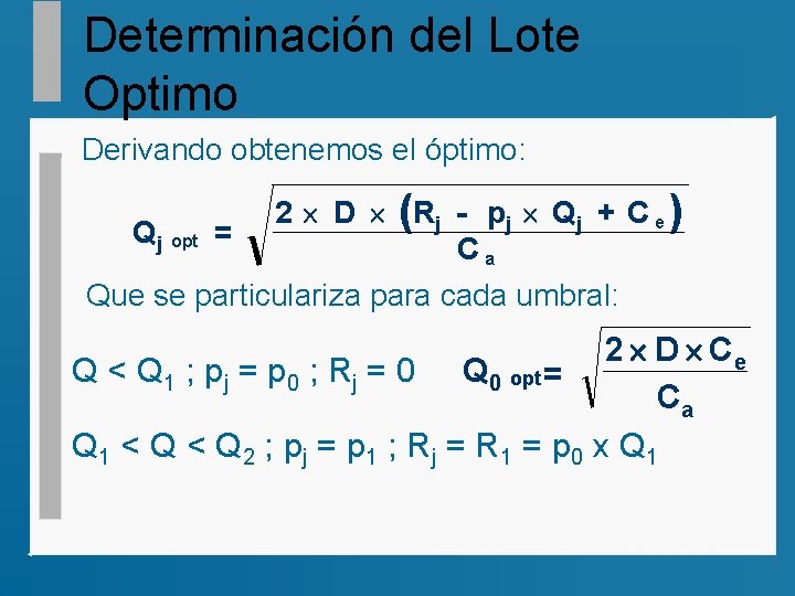 Determinación del Lote Optimo Derivando obtenemos el óptimo: Qj opt = 2 ´ D