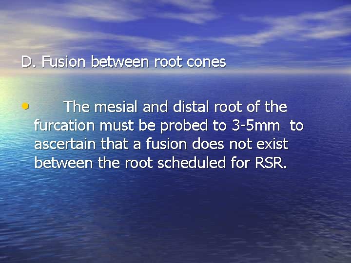 D. Fusion between root cones • The mesial and distal root of the furcation D. Fusion between root cones • The mesial and distal root of the furcation