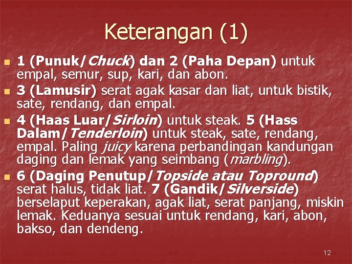 Keterangan (1) n n 1 (Punuk/Chuck) dan 2 (Paha Depan) untuk empal, semur, sup,