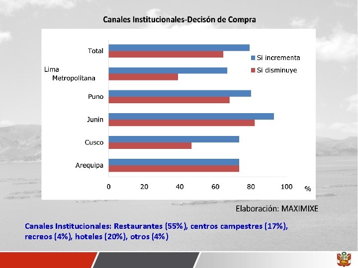 Canales Institucionales: Restaurantes (55%), centros campestres (17%), recreos (4%), hoteles (20%), otros (4%) 