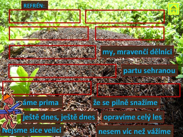 REFRÉN: . my, mravenčí dělníci partu sehranou ale máme prima že se pilně snažíme