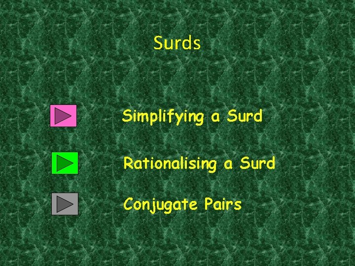 Surds Simplifying a Surd Rationalising a Surd Conjugate Pairs 