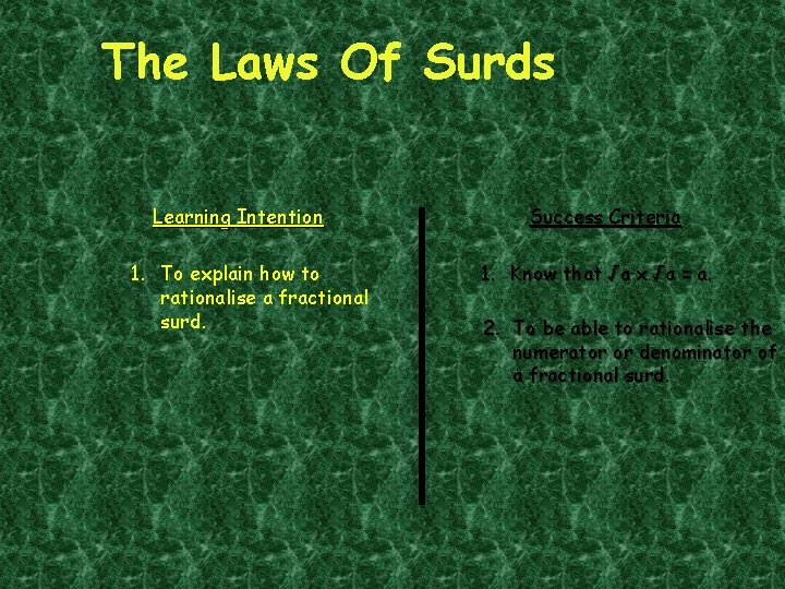 The Laws Of Surds Learning Intention 1. To explain how to rationalise a fractional The Laws Of Surds Learning Intention 1. To explain how to rationalise a fractional