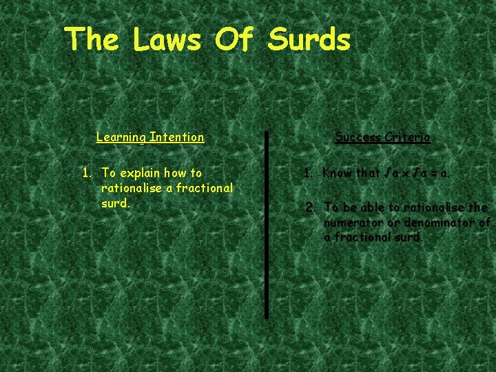 The Laws Of Surds Learning Intention 1. To explain how to rationalise a fractional