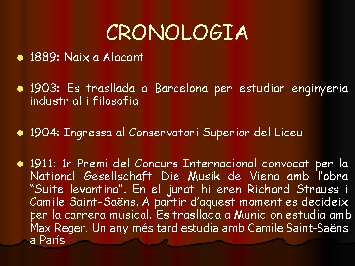 CRONOLOGIA l 1889: Naix a Alacant l 1903: Es trasllada a Barcelona per estudiar