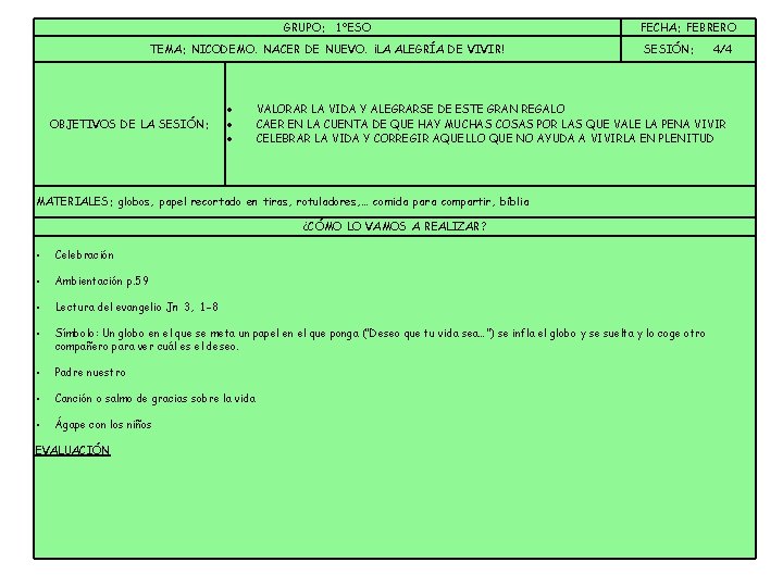 GRUPO: 1ºESO TEMA: NICODEMO. NACER DE NUEVO. ¡LA ALEGRÍA DE VIVIR! OBJETIVOS DE LA