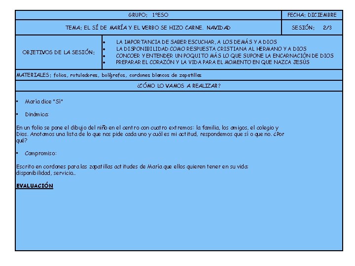 GRUPO: 1ºESO TEMA: EL SÍ DE MARÍA Y EL VERBO SE HIZO CARNE. NAVIDAD