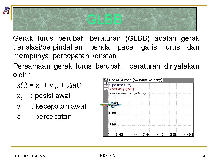 GLBB Gerak lurus berubah beraturan (GLBB) adalah gerak translasi/perpindahan benda pada garis lurus dan