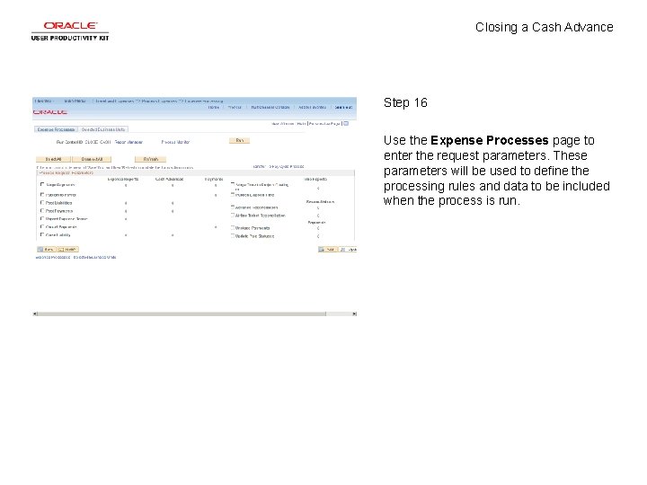 Closing a Cash Advance Step 16 Use the Expense Processes page to enter the