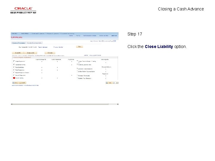 Closing a Cash Advance Step 17 Click the Close Liability option. 