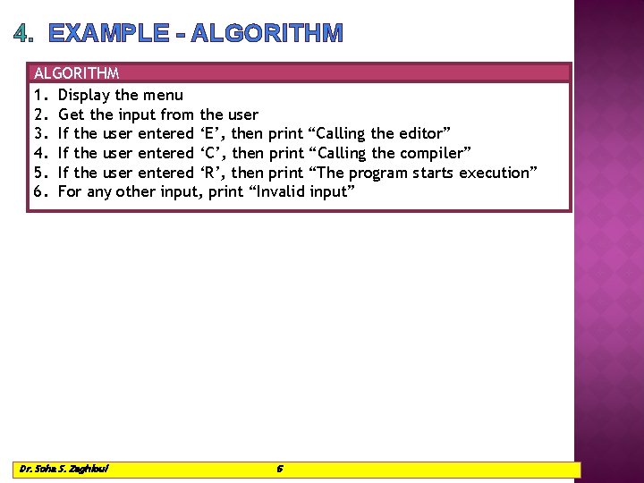 4. EXAMPLE - ALGORITHM 1. Display the menu 2. Get the input from the