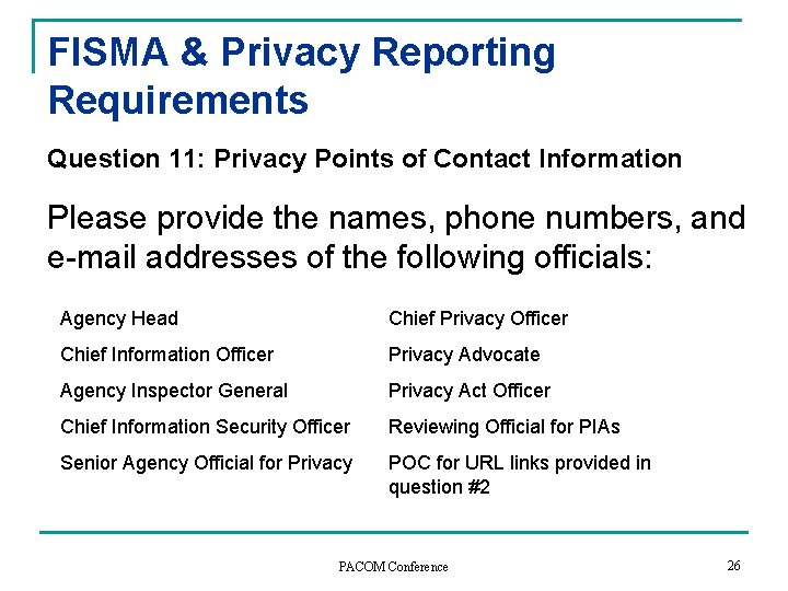 FISMA & Privacy Reporting Requirements Question 11: Privacy Points of Contact Information Please provide FISMA & Privacy Reporting Requirements Question 11: Privacy Points of Contact Information Please provide