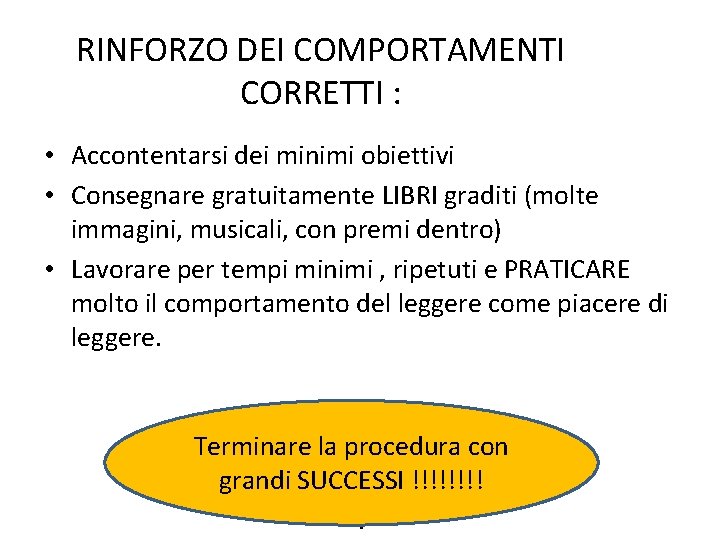 RINFORZO DEI COMPORTAMENTI CORRETTI : • Accontentarsi dei minimi obiettivi • Consegnare gratuitamente LIBRI