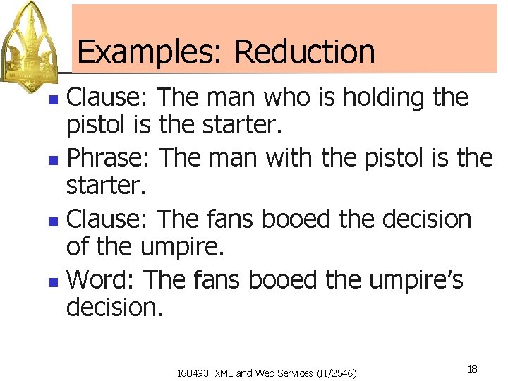 Examples: Reduction Clause: The man who is holding the pistol is the starter. n