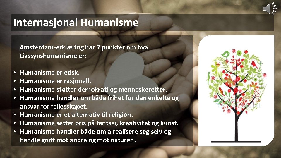 Internasjonal Humanisme Amsterdam-erklæring har 7 punkter om hva Livssynshumanisme er: Humanisme er etisk. Humanisme
