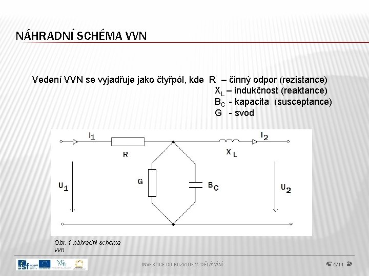 NÁHRADNÍ SCHÉMA VVN Vedení VVN se vyjadřuje jako čtyřpól, kde R – činný odpor