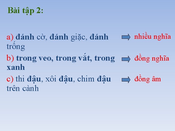 Bài tập 2: a) đánh cờ, đánh giặc, đánh trống b) trong veo, trong