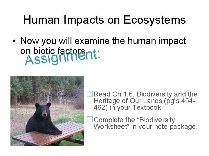 Human Impacts on Ecosystems • Now you will examine the human impact on biotic