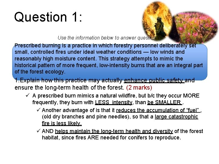 Question 1: Use the information below to answer question 1 Prescribed burning is a