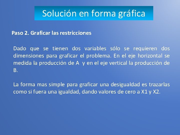 Solución en forma gráfica Paso 2. Graficar las restricciones Dado que se tienen dos