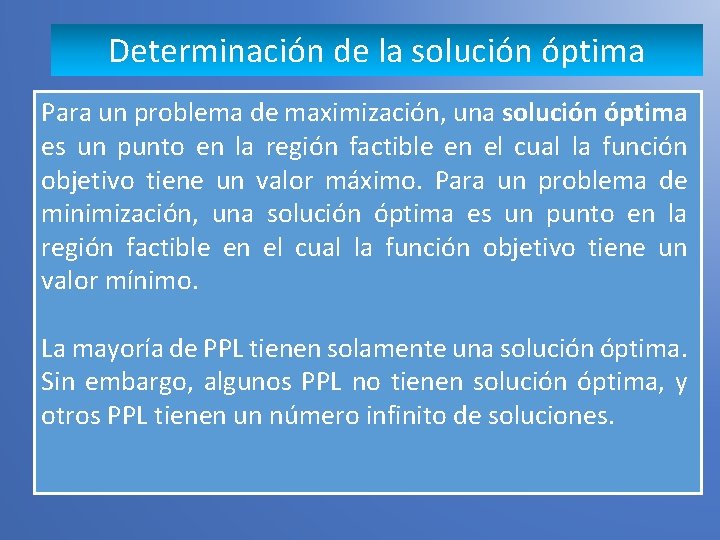 Determinación de la solución óptima Para un problema de maximización, una solución óptima es