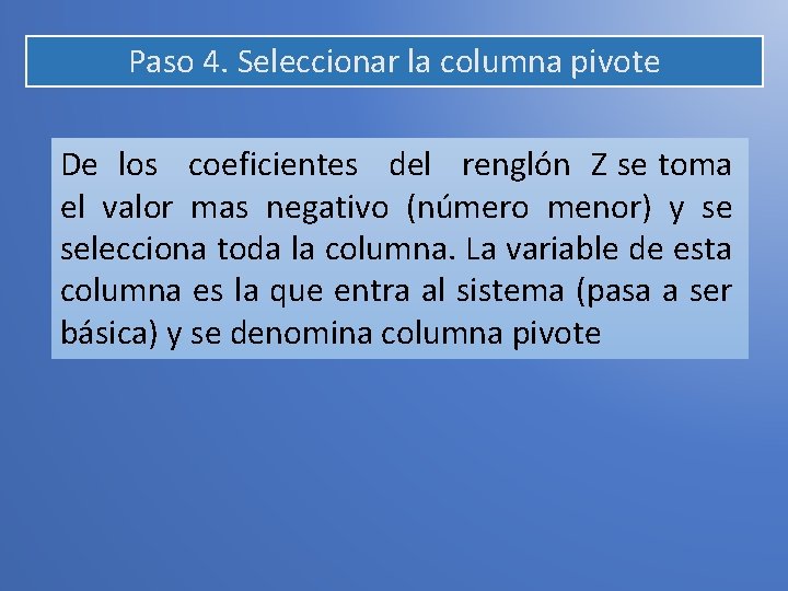 Paso 4. Seleccionar la columna pivote De los  coeficientes  del  renglón Z se toma el valor