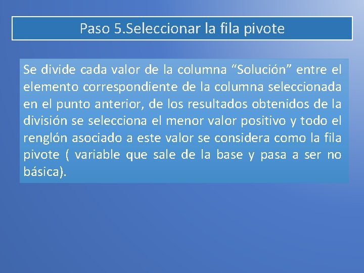 Paso 5. Seleccionar la fila pivote Se divide cada valor de la columna “Solución”