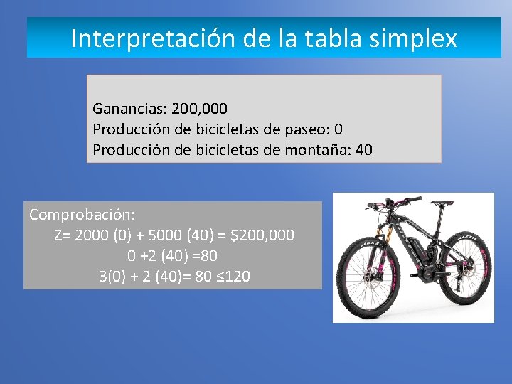 Interpretación de la tabla simplex Ganancias: 200, 000 Producción de bicicletas de paseo: 0