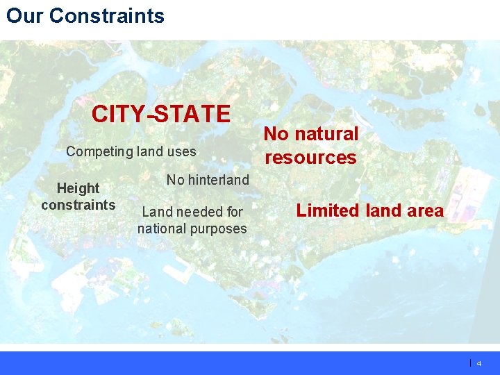 Our Constraints CITY-STATE Competing land uses Height constraints No natural resources No hinterland Land