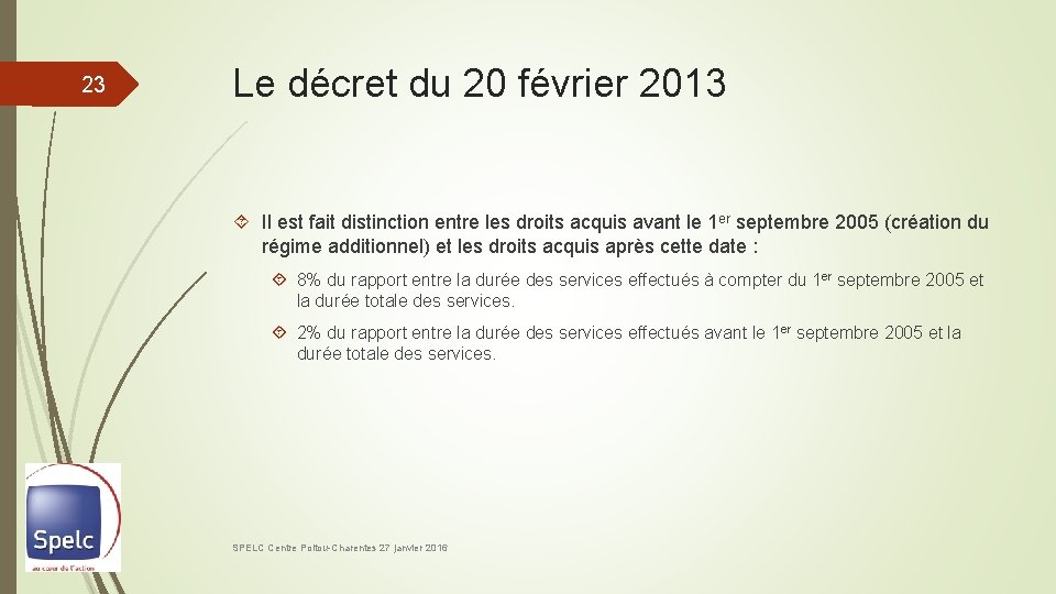 23 Le décret du 20 février 2013 Il est fait distinction entre les droits