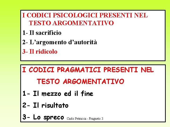 I CODICI PSICOLOGICI PRESENTI NEL TESTO ARGOMENTATIVO 1 - Il sacrificio 2 - L’argomento