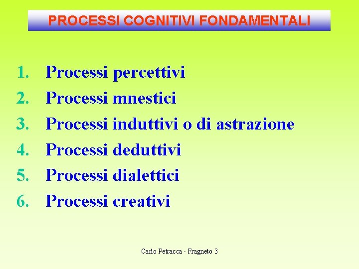 PROCESSI COGNITIVI FONDAMENTALI 1. 2. 3. 4. 5. 6. Processi percettivi Processi mnestici Processi