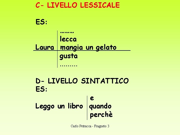 C- LIVELLO LESSICALE ES: ……… lecca Laura mangia un gelato gusta ……… D- LIVELLO