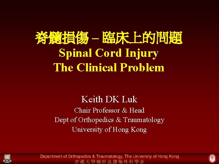 脊髓損傷 – 臨床上的問題 Spinal Cord Injury The Clinical Problem Keith DK Luk Chair Professor